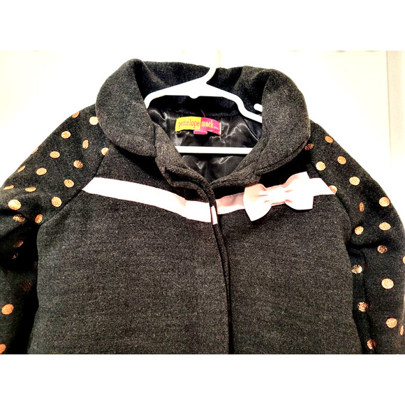 PENELOPE MACK Girls Jacket Size 4T Gray with Gold Polka Dots Pink Bows and Trim - Picture 2 of 7